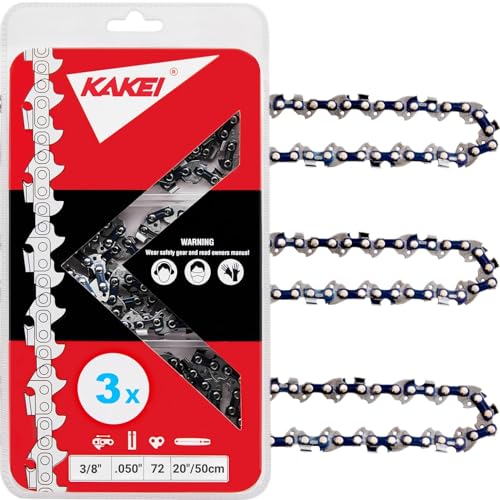 KAKEI 20 Inch Chainsaw Chain 3/8' Pitch, 050' Gauge, 72 Drive Links Fits Stihl, Husqvarna, Poulan and More- E72, 33RS72 (3 Chains)