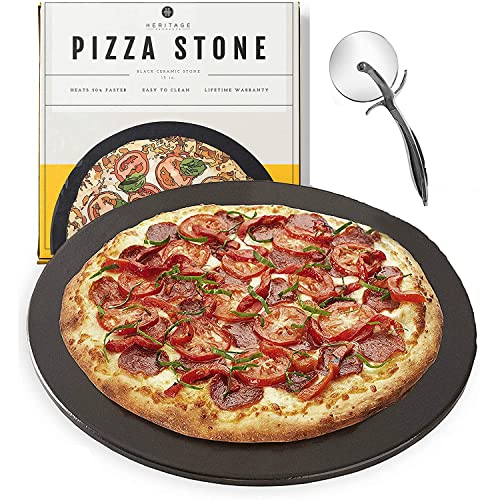 Heritage 15' Ceramic Pizza Stone Set - Non-Stick, Stain-Free with Bonus Cutter - Black