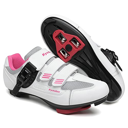 Womens Cycling Shoes Compatible with Peloton Bike Clip in Ladies Indoor Cycling Road Bike Bicycle Riding Biking Shoes, Pre-Installed Delta Cleats Size 8.5 Pink White