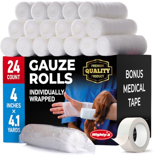 Premium Gauze Rolls - (24 Pack) - 4' x 4.1yd Breathable Rolled Gauze - Individually Wrapped + Bonus Tape - First Aid Conforming Gauze Wrap Roll for Wounds