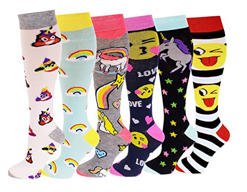 SUMONA 6 Pairs Women's Fancy Design Multi Colorful Patterned Knee High Socks (Emoji)