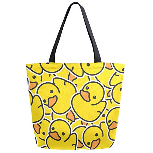 ZzWwR Chic Cute Rubber Yellow Ducky Pattern Extra Large Canvas Market Beach Travel Reusable Grocery Shopping Tote Bag Portable Storage HandBags