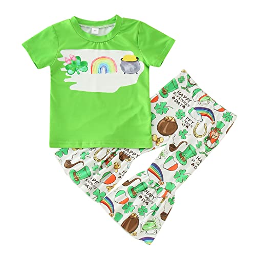 AMIMOJY St Patricks Day Baby Girl Outfits Crew Neck Short Sleeve T Shirts Cartoon Prints Flare Leggings Pants 2PCS Sets