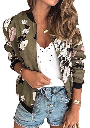 ECOWISH Women's Casual Floral Zip Up Inspired Bomber Jacket Leopard Coat Stand Collar Lightweight Short Outwear Tops 333 Army Green Large