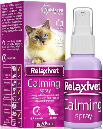 RELAXIVET Calming Pheromone Spray & Scratch Repellent for Cats - Reduces Scratching Furniture, Pee - During Travel, Fireworks, Thunder, Vet Zone - Helps to Relief Stress, Fighting, Hiding