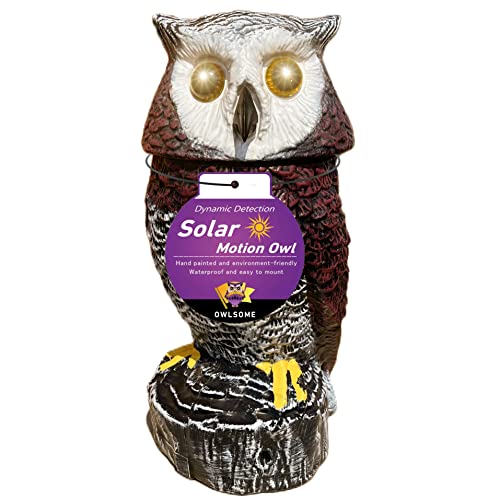 Owlsome Red Solar Owl with Flashing Eyes, Rotating Head, Hoot Sound, Motion Detector and Silent Mode, Plastic Owl Garden Sculpture, Garden Decoration