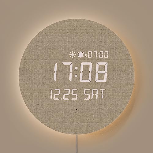 mooas Full Moon LED Wood Silent Wall Clock with Remote Control, Backlight Nightlight Digital Wall Clock, Alarm Clock for Living Room Décor, Desk Clock with Date, Timer, Sunrise Alarm