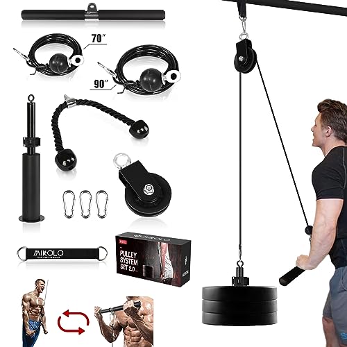 Mikolo Fitness LAT and Lift Pulley System, Dual Cable Machine(70'' and 90'') with Upgraded Loading Pin for Triceps Pull Down, Biceps Curl, Back, Forearm, Shoulder-Home Gym Equipment(Patent)