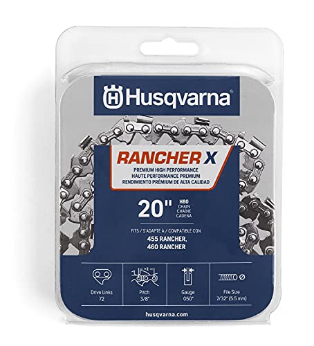 Husqvarna Rancher X H80 20 Inch Chainsaw Chain, 3/8' Pitch, .050' Gauge, 72 Drive Link Chainsaw Blade Replacement with Low Vibration and Low Kickback, Gray