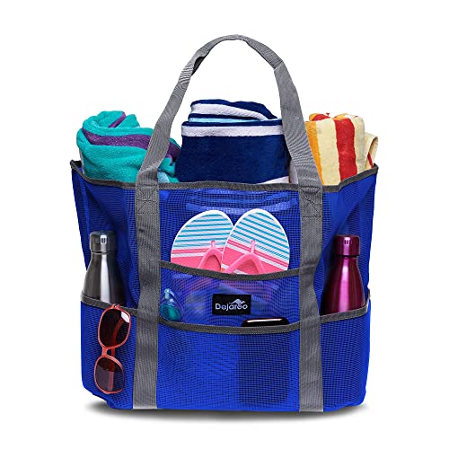 Dejaroo - Sand Free Mesh Bag - Strong Lightweight Tote For Beach & Vacation Essentials. Tons of Storage with 8 Pockets, Foldable, 17x9x15 inches, Dark Blue with Grey Straps