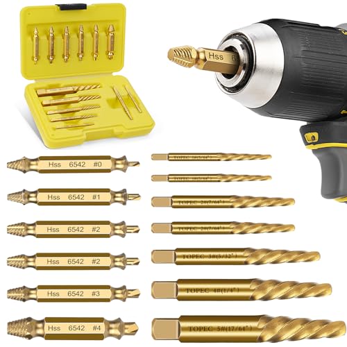 Topec 13Pcs Damaged Screw Extractor Set, Spiral Screw Extractor for Stripped Screws Nuts & Bolts, Golden Easy Out Bolt Extractor Set Drill Bit Tools for Easy Removal of Rusty Broken Hardware