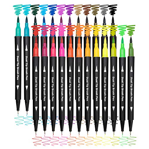 Piochoo Dual Brush Marker Pens,24 Colored Markers,Fine Point and Brush Tip for Kids Adult Coloring Books Bullet Journals Planners,Note Taking Coloring Writing