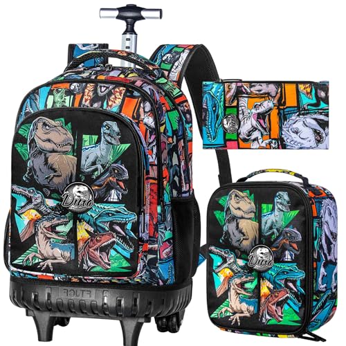 3PCS Rolling Backpack for Boys, 21 Inch Water Resistant Dinosaur Backpacks with Roller Wheels, Wheeled Bookbag for Teens Boys Elementary School Travel