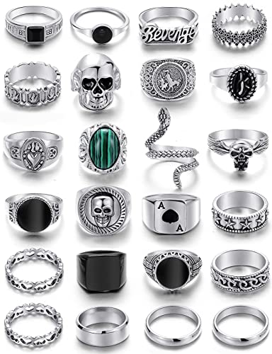 KISS WIFE Vintage Silver Punk Rings Set for Men, Cool Gothic Chunky Rings Bulk, Skull Snake Spade Ace Malachite Stackable Hippie Knuckle Rings Pack, Trendy Men's Jewelry Gift for Him