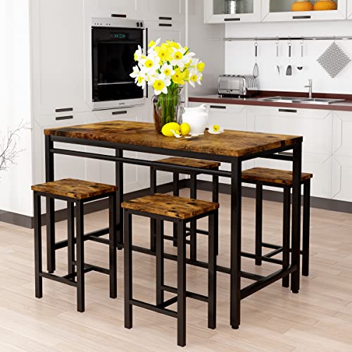 AWQM Counter Height Dining Set, Industrial Kitchen Table and Chairs for 4 with Pub Table and 4 Bar Stools, 5 Piece Bar Table Set for Small Spaces, Apartment, Dining Room, Rustic Brown