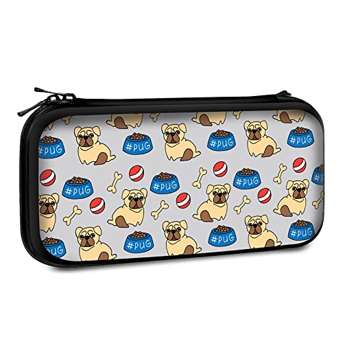 Carrying Case Compatible with Switch 2017 / Switch OLED 2021 Console Joy-Con with 10 Game Card Slots , Hand Drawn Pug Dog, Food Bowl, Bone