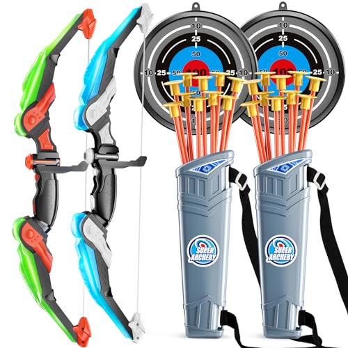 TEMI 2 Pack Set Kids Archery Bow Arrow Toy Set Outdoor Hunting Play with 2 Bow 20 Suction Cup Arrows 2 Target & 2 Quiver, LED Light Up Function Toy, Outdoor Toys for Kids, Boys & Girls Ages 3-12