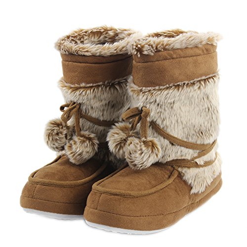 Home Slipper Booties Slippers for Women, Warm Winter Long Fur Soft Sole Bedroom Slippers with Pom Poms Indoor House Boots Slippers,XL,Khaki