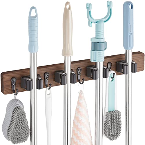 OUTNILI Mop Broom Holder Wall Mount Wood Broom Mop Hanger - Wall Mounted Garden Tool Rack Organizer for Closet Garage Laundry Room Kitchen Decor With 4 Slots & 4 Hooks