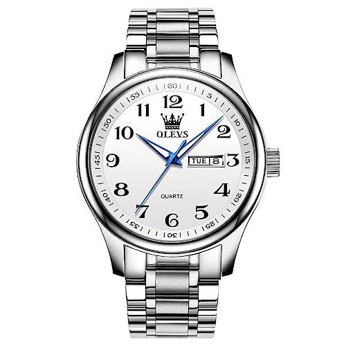 OLEVS White Watch for Men Large Face Stainless Steel Quartz Watches with Date Casual Luminous Water Resistant Men's Wrist Watch Three Hands Men Dress Watch Arabic Numeral Male Lightweight Watch