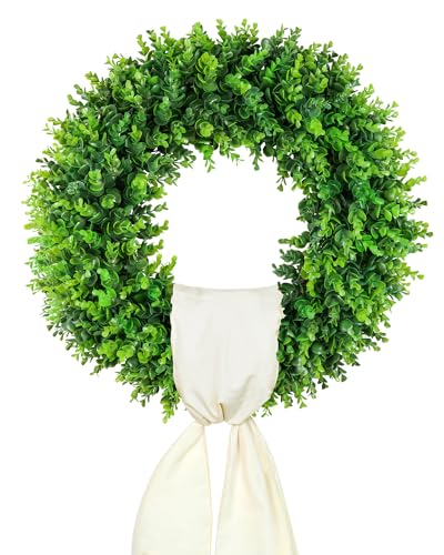 DDHS 20'' Boxwood Wreaths Front Door Artificial Spring Wreath. Wreaths for Front Door Farmhouse Wedding Green Year Round Indoor Outdoor for Summer Wreath St Patricks Day Decorations -(Hello Sign)