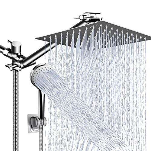 Shower Head Combo,10 Inch High Pressure Rain Shower Head with 11 Inch Adjustable Extension Arm and 5 Settings Handheld ,Powerful Shower Spray Against Low Pressure Water with Long Hose