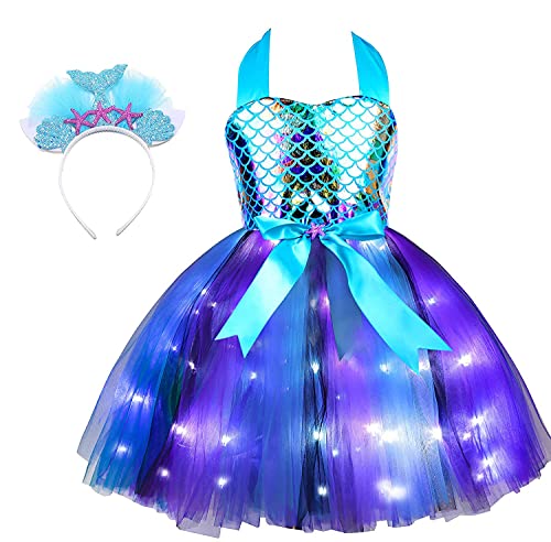 Davsolly Mermaid Costume for Girls Led Light Up Mermaid Princess Tutu for Birthday Halloween Cosplay Christmas Dress Up Gifts