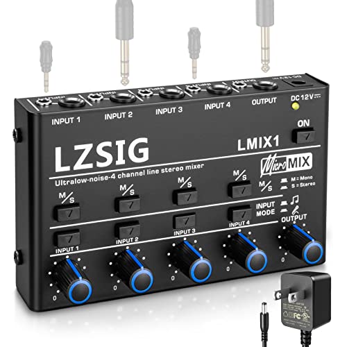 LZSIG Mini Audio Mixer,Stereo Line Mixer for Sub-Mixing,Ultra Low-Noise,4-Channel,Microphone Independent Control, 1/4' & 1/8' TRS Output and Input, for Guitars,Bass,Keyboards or Stage Mixer Extension