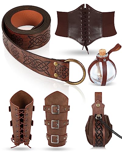 ramede 6 Pcs Women Renaissance Accessories Medieval Leather Belt Pouch Viking Corset Belts Potion Bottle Leather Arm Guards(Fit waist size 25''-29'')