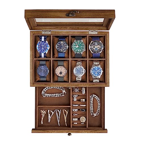 SONGMICS 8-Slot Watch Box, 2-Tier Watch Display Case with Large Glass Lid, Removable Watch Pillows, Velvet Lining, Jewelry Box, Gift Idea, Rustic Walnut UJOW008K01