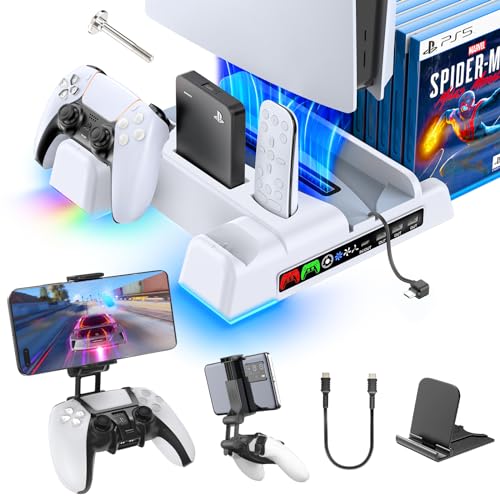 OIVO PS5 / PS5 Slim Stand and Cooling Station with RGB LED Controller Charging Station with PS5 Controller Phone Mount Clip
