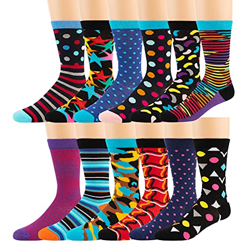 ZEKE Men's Pattern Dress Funky Fun Colorful Crew Socks 12 Assorted Patterns (Bright Collection, 12-16)