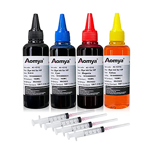 Aomya Ink Refill Kit 100ml for HP 67 61 65 60 62 63 910 920 901 902 932 933 934 940 952 94 95 96 Inkjet Printer Cartridges Refillable Ink Cartridges CIS CISS System 4 Color Set with 4 Syringes