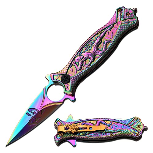 Masters Collection – Spring Assisted Open Folding Pocket Knife – Rainbow Stainless Steel Blade, Rainbow Handle w/ Sculpted Ninja, Pocket Clip, Glass Punch, EDC, Collectible, Self Defense – MC-A030RB