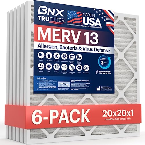 BNX TruFilter 20x20x1 Air Filter MERV 13 (6-Pack) - MADE IN USA - Electrostatic Pleated Air Conditioner HVAC AC Furnace Filters for Allergies, Pollen, Mold, Bacteria, Smoke, Allergen, MPR 1900 FPR 10