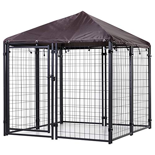 PawHut 5' x 5' x 5' Dog Kennel Outdoor, Walk-in Pet Playpen, Welded Wire Steel Dog Fence with Water-and UV-Resistant Canopy, Jet Black