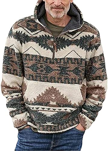 chouyatou Men's Tribal Aztec Printed 1/4 Zip Fuzzy Sherpa Pullover Sweatshirt Hoodie (X-Large, Brown)