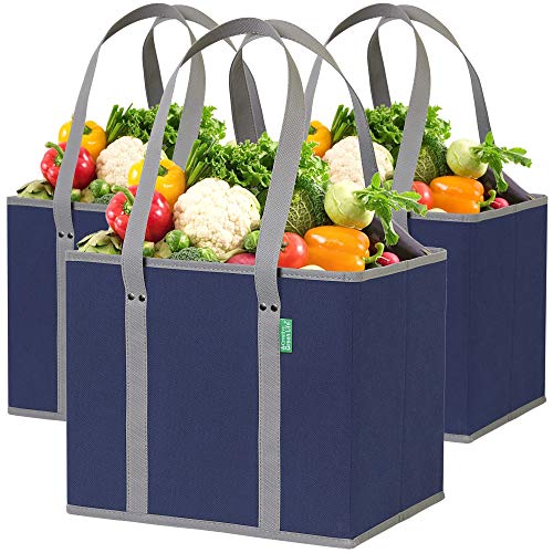 Reusable Grocery Bags (3 Pack) – Heavy Duty Reusable Shopping Bags with Box Shape to Stand Up, Stay Open, Fold Flat – Large Tote Bags are Foldable with Long Handles & Hard Bottom (Navy Blue)