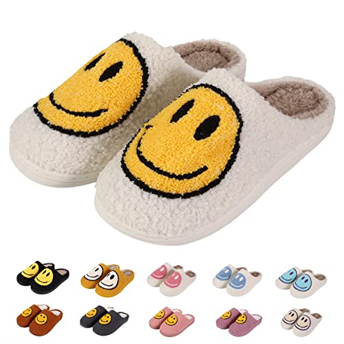 MOLATIN Cute Smile Happy Face Slippers,Retro Soft Plush Comfy Warm Fuzzy Home Slippers for Women and Men, Non Slip Sole Fur Cloud Slides Memory Foam Slides Winter Pillows Flat Shoes, White With Yellow