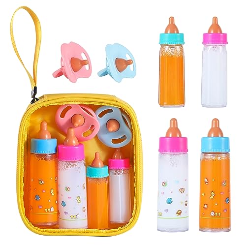 Kaydora Magic Disappearing Milk and Juice Bottles with Pacifiers for Baby Doll Accessories,6 Pieces Pretend Play Feeding Toy Set, 4 Bottles and 2 Pacifiers