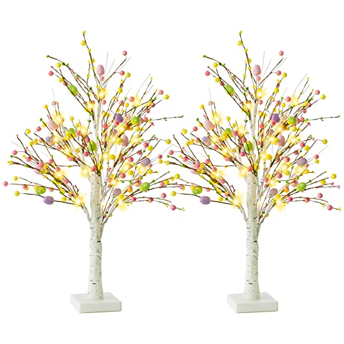 Ethlomoer Easter Decorations, 2 Pcs 25 Inch Pre-Lit Easter Egg Tree with Timer, Battery Powered Easter Birch Tree with 24 LED Lights, Easter Trees for Home Party Wedding Holiday Spring Decoration
