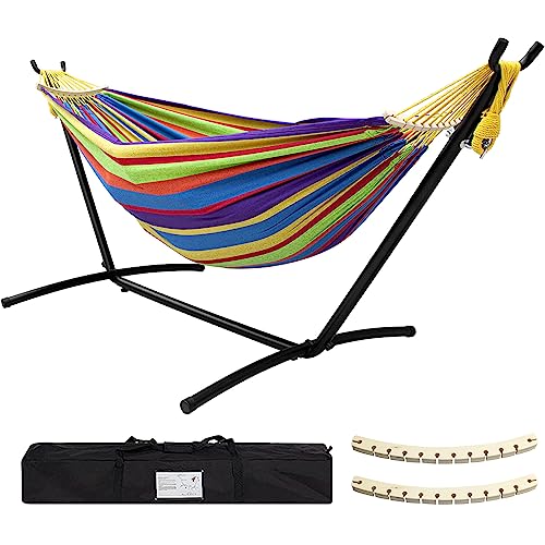 SZHLUX Double Hammock with Stand Included 450lb Capacity Steel Stand, Premium Carry Bag Included and Two Anti Roll Balance Beam