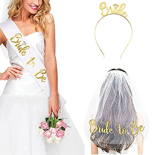 Bride to Be Set, 3pack Bride to Be Sash & Headband Tiara & Shoulder Length Veil Bachelorette Party Supplies Bridal Shower Decoration Accessories(Gold)