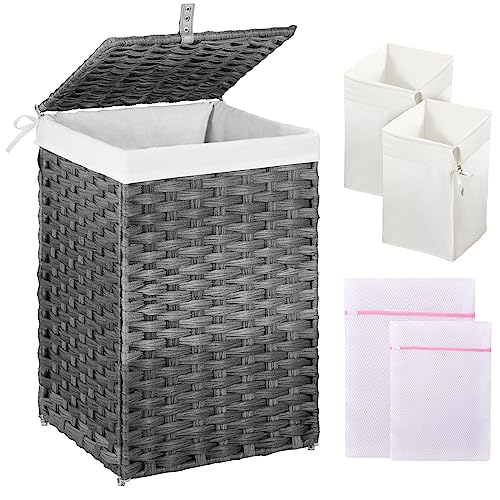 Greenstell Laundry Hamper with Lid, 60L Clothes Hamper with 2 Removable Liner Bags & 2 Mesh Laundry Bags, Handwoven Synthetic Rattan Laundry Basket for Clothes, Toys in Bathroom, Bedroom Grey
