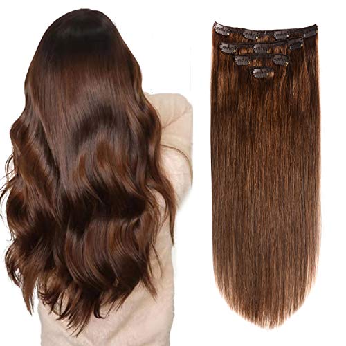 GEELOOK Clip in Hair Extensions Real Human Hair 14 Inch Chocolate Brown #4 Color Double Weft 100% Remy Human Hair Thick Long Soft Silky Straight 4pcs 10clips for Women 60grams