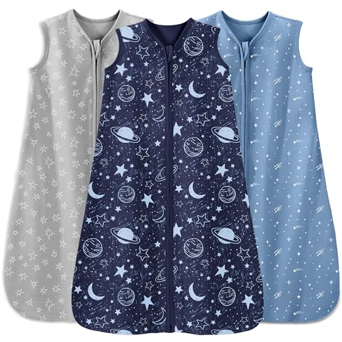 Unnivoll Baby Sleep Sack 6-12 Months 3 Pack 100% Cotton Lightweight 0.5 TOG Wearable Blanket Baby Sleep Bag with 2-Way Zipper for Newborn Infant Blue