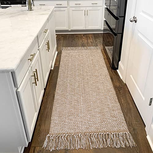 Collive Hallway Runner Rug, 2' x 6' Hand-Woven Reversible Washable Entryway Rug, Tan Cotton Modern Farmhouse Laundry Room Rug Long Carpet for Bathroom Sink Foyer Bedroom