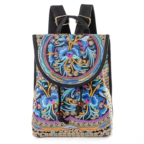 MAZEXY Embroidered Backpack Purse for Women, Boho Elegance Vintage Ethnic Floral Shoulder Handbag (Sapphire Blue)