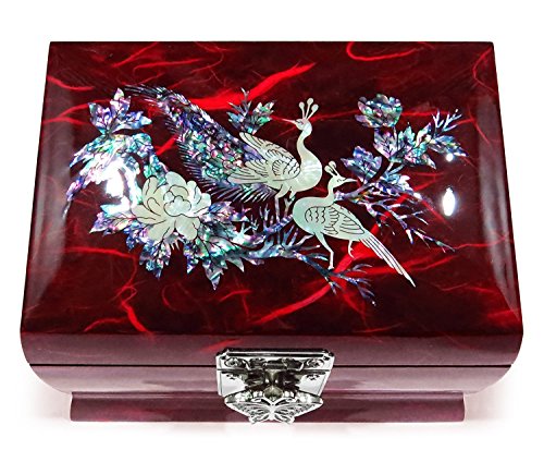 MADDesign Mother of Pearl Lacquered Jewelry Music Ring Box Peacock Red