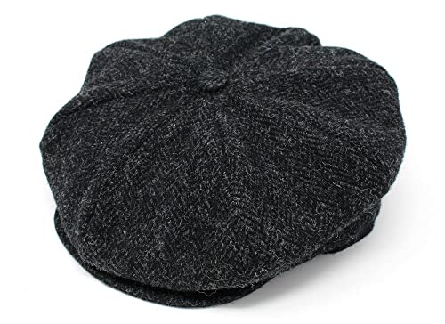 Hanna Hats Traditional Scottish Tweed Wool Eight Piece Cap Tweed - Black & Charcoal Herringbone. Unisex Newsboy Flat Cap. Button Crown and Taffeta Lining. 100% Made in Ireland. XXL 64-65cm.